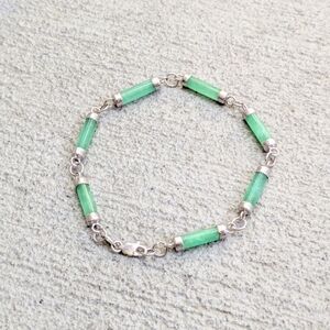 Sterling Silver Bracelet Jade Cylinder Tube Green 7.25"